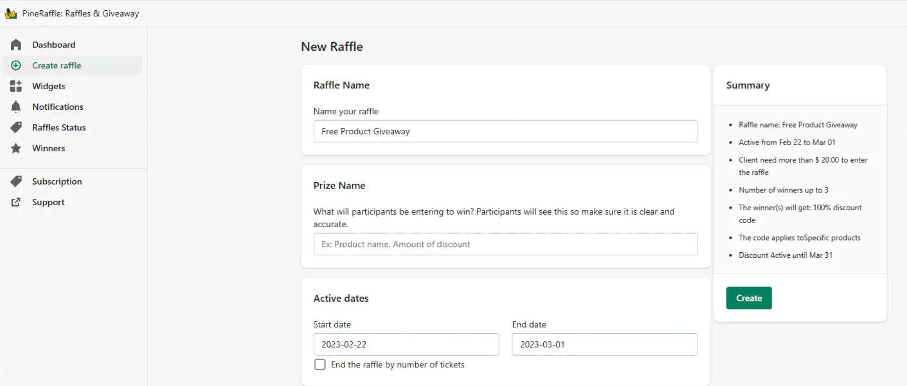 PineRaffle dashboard showing how to set up a new giveaway.