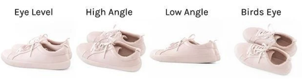 Pink shoes photographed from four angles: eye level, high angle, low angle, and bird’s eye.