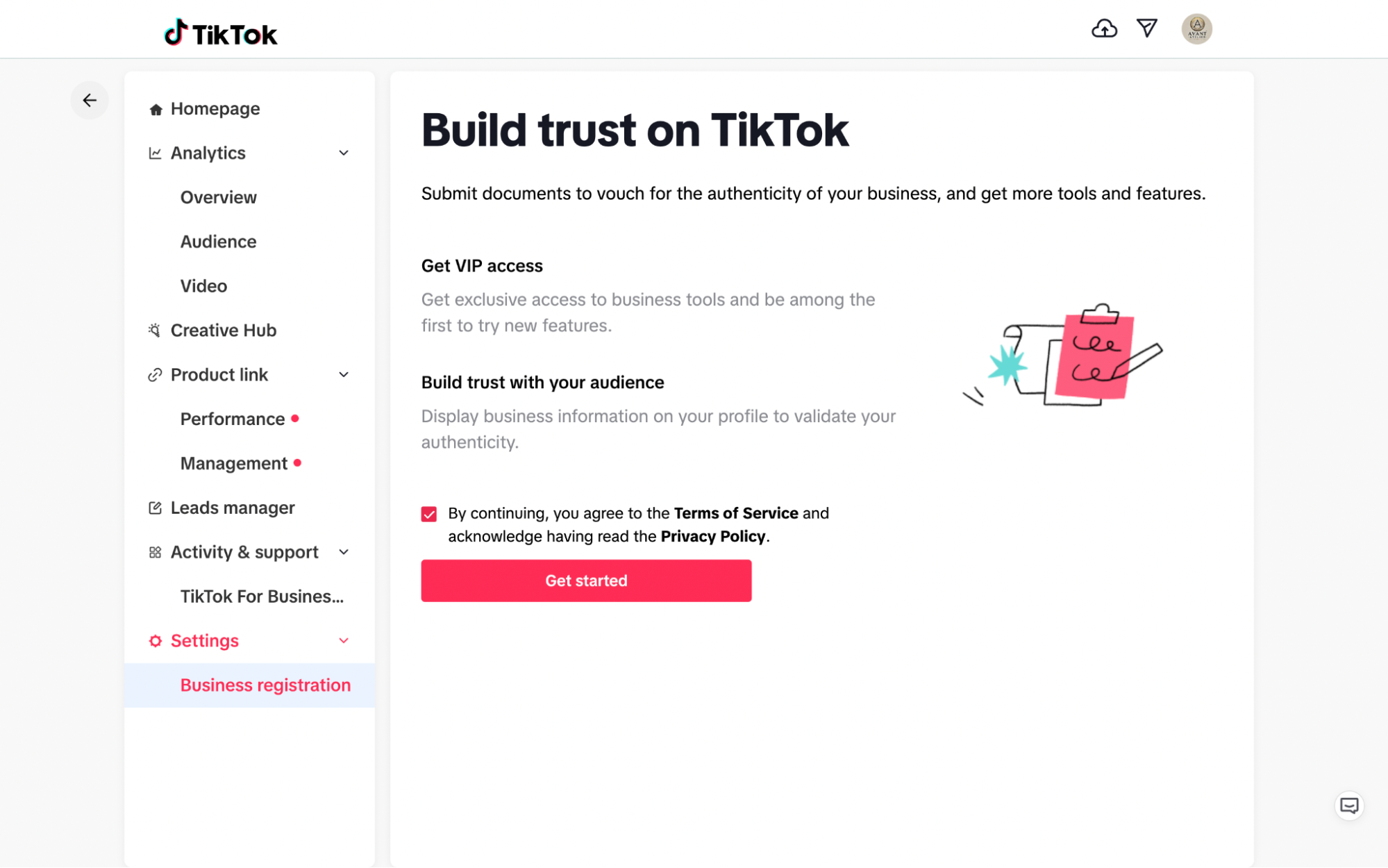 TikTok prompt for building trust by submitting documents to verify your business.