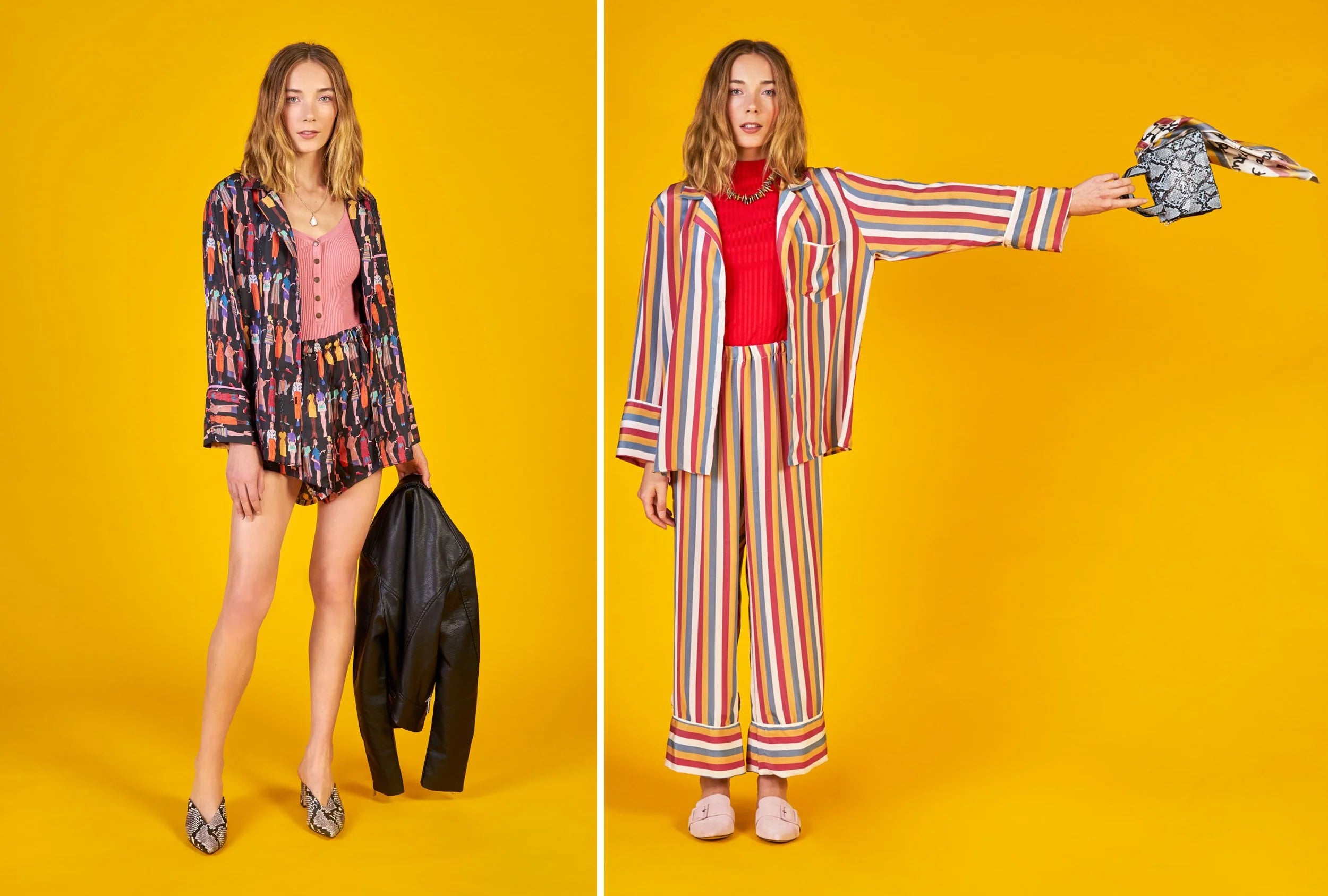 A side by side panel of the same model wearing two different looks in Sarah’s clothing brand