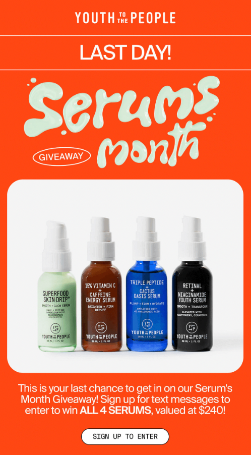 Email newsletter by Youth to the People promoting a giveaway with an image of four serums.