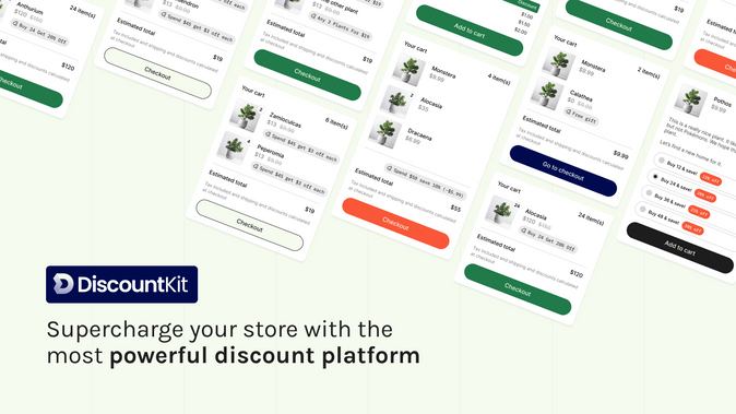 An array of cart checkout screens each showing various discounts applies, with the text "Supercharge your store with the most powerful discount platform" and the DiscountKit logo underneath.