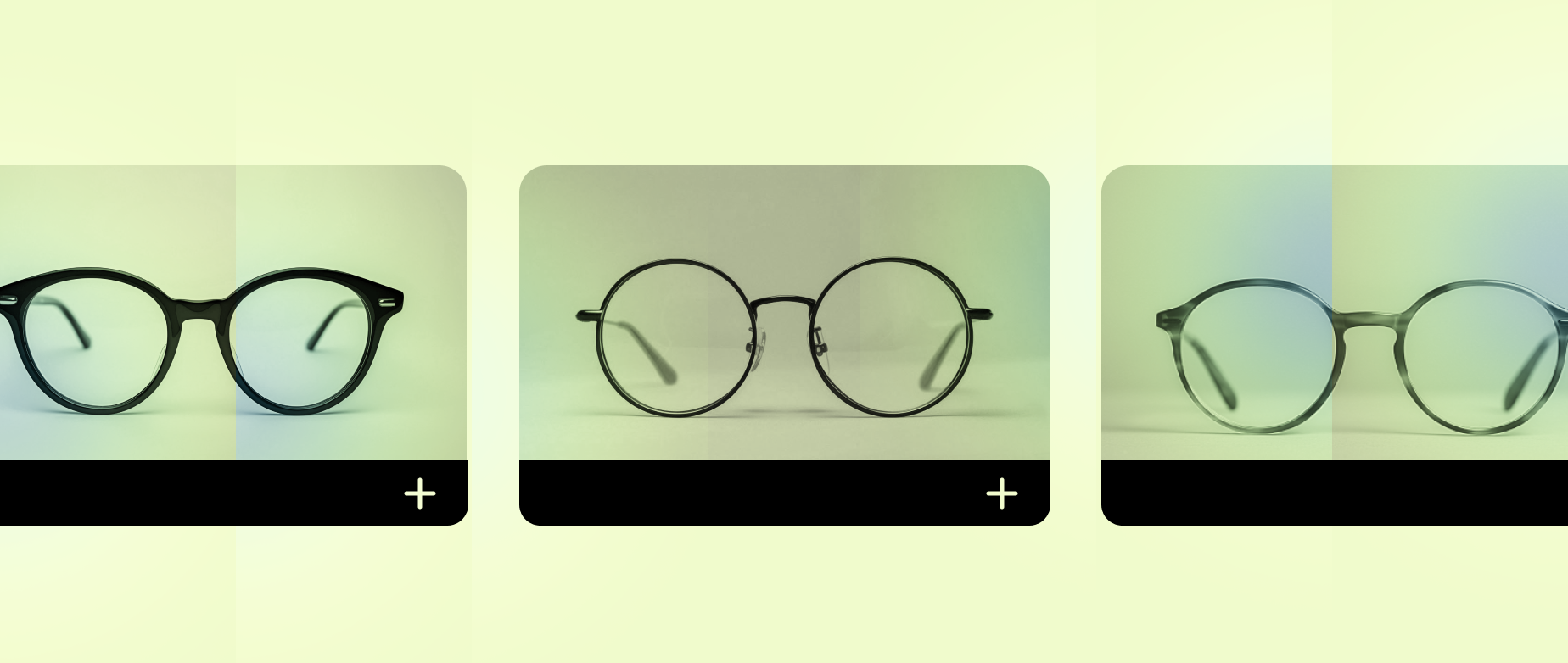 Three pairs of eyeglasses displayed in a row, each with different frame styles, against a gradient background.