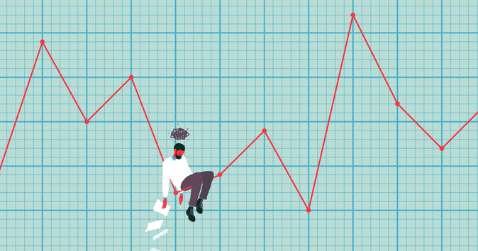 Illustrazione di un grafico a linee con alti e bassi dell'imprenditorialità con il titolare di un'attività seduto su di esso