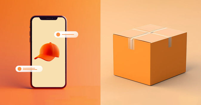 Das Bild zeigt ein Smartphone und eine Versandkarton vor orangefarbenem Hintergrund.