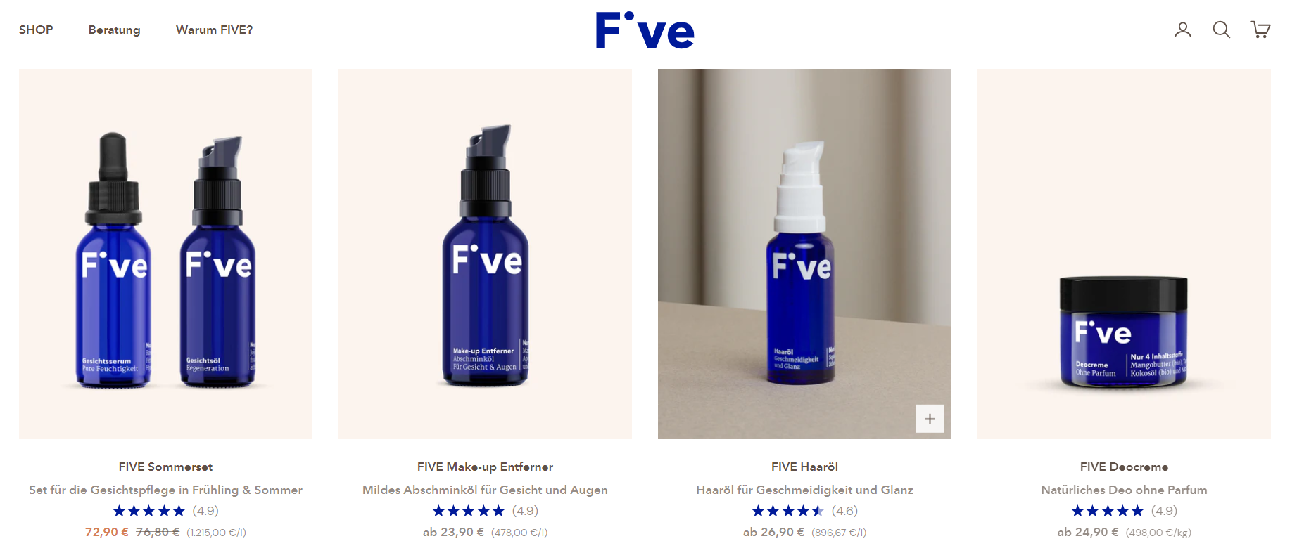 Ein Screenshot der Website von FIVE Skincare.