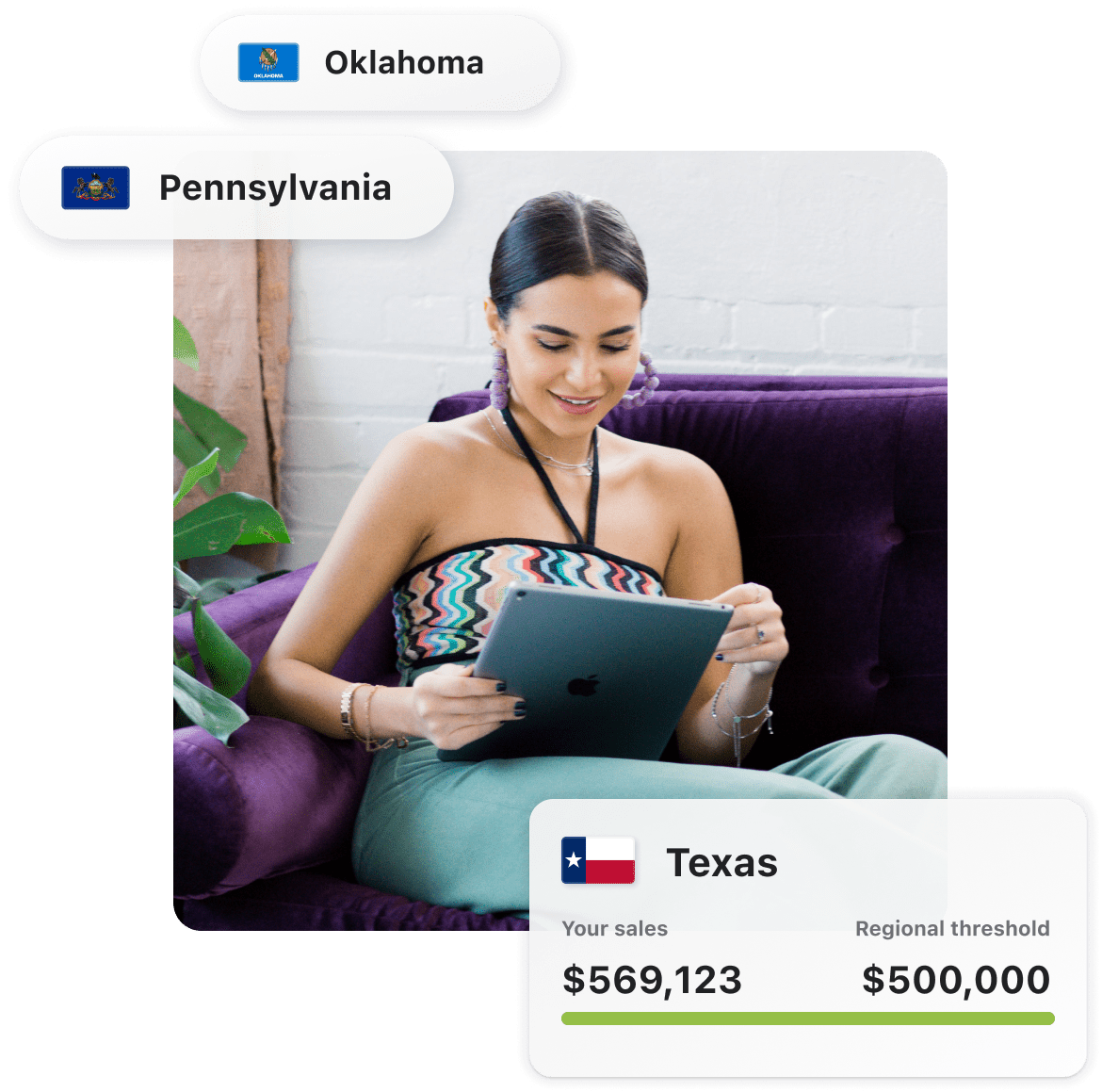 Merchant on purple couch is managing their US sales tax on a tablet. A list of states show where regional thresholds are being met.