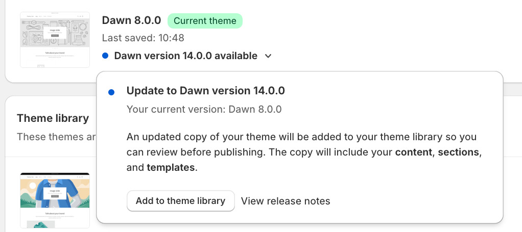 Sample online store with a verified Dawn theme update available.