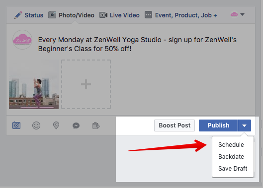 You can schedule Facebook posts in the options under the Post button.