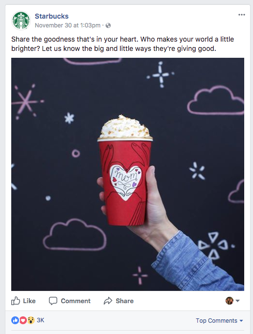 Facebook post example from Starbucks that encourages engagement.