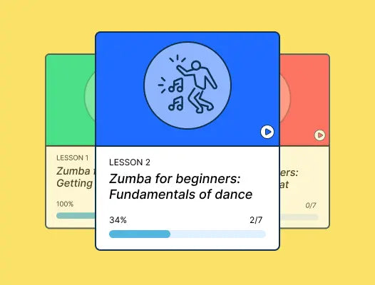 Stylized interface of three Zumba lessons. Lesson two, Zumba for beginners: Fundamentals of dance, is highlighted.