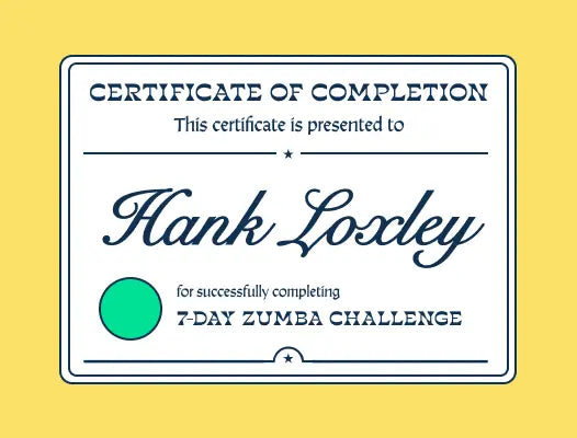 Stylized certificate for successfully completing a 7-day Zumba challenge.