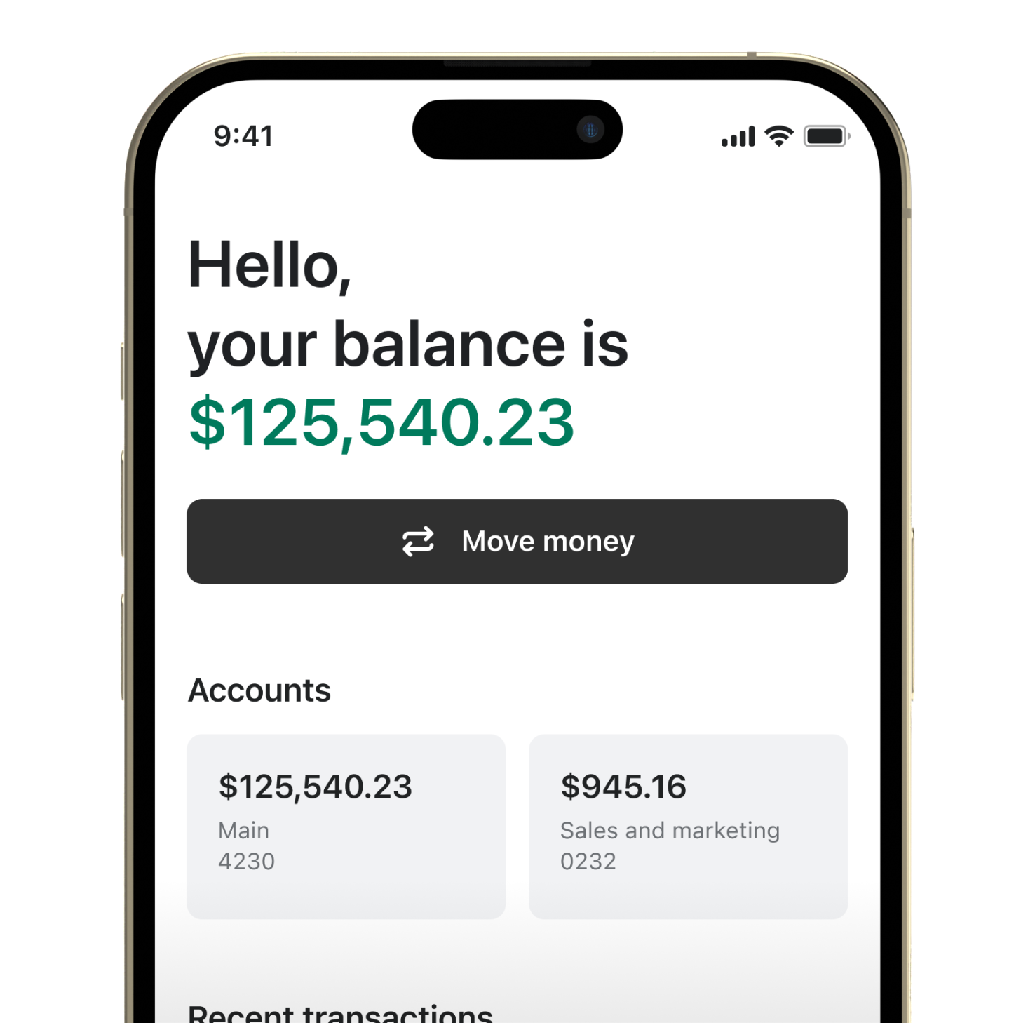 Smartphone view of the Shopify Balance app, showing a main balance, “Move money” button, and two accounts.