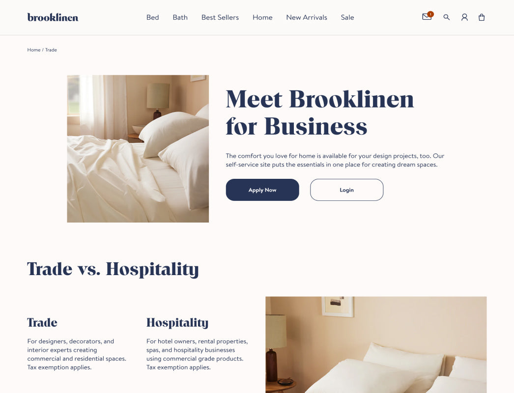 Image of B2B website experience for bedding brand Brooklinen