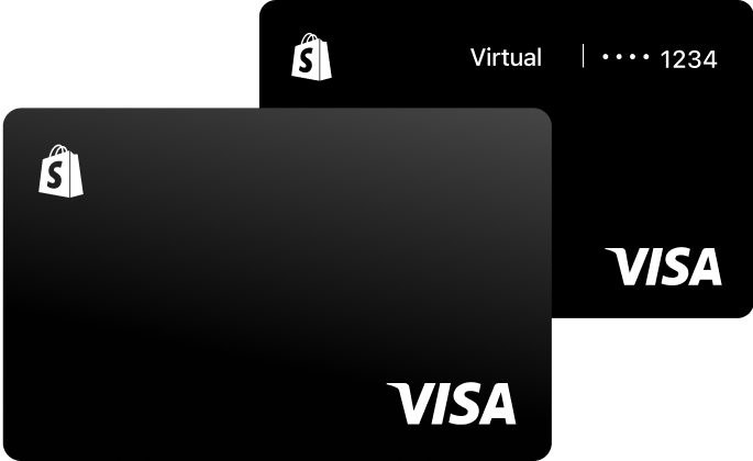 Two black Shopify Balance cards with Visa logos, one labeled “Virtual”.