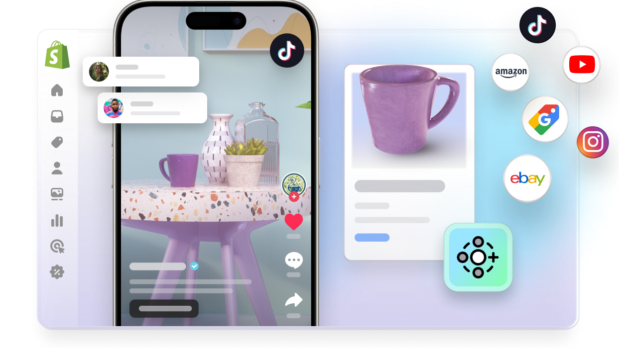 Uma janela com uma vista abstrata do Admin Shopify. Sobreposto do lado esquerdo da janela, encontra-se um vídeo patrocinado do TikTok e um anúncio do Google, ambos a destacar uma chávena púrpura para venda. Pequenos logótipos sobrepostos à volta das janelas incluem: Marketplace Connect, Instagram, YouTube, TikTok, Google Ads, Amazon e eBay.