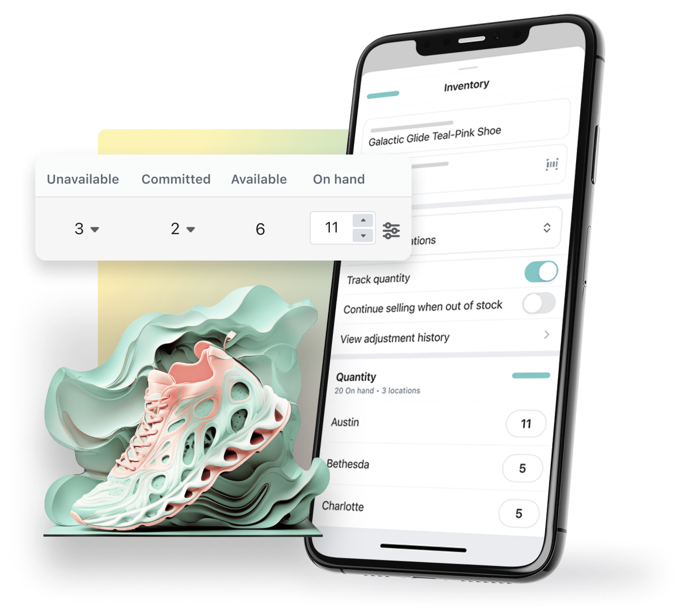The image features a cell phone screen displaying an inventory management system, with a pair of sneakers beside it. The shoes are located near the bottom and above them there is a display bar of inventory quantities visible, including "unavailable", "committed", "available", and "on hand" quantities, possibly indicating there's 11 inventory quantities for the shoes on hand.