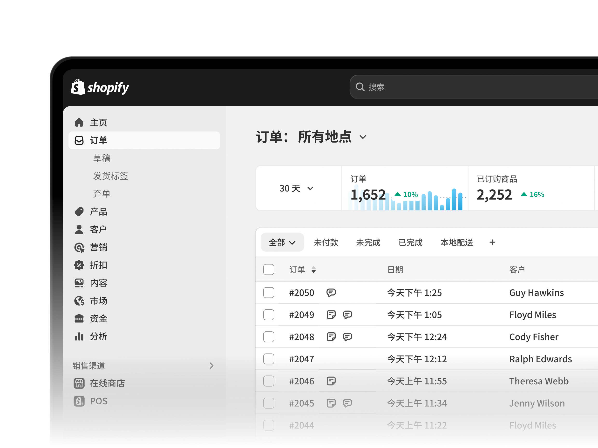 Shopify 后台的交互式动画，您可以探索其中的所有部分：订单、产品、客户、内容、财务、分析、营销、折扣、市场