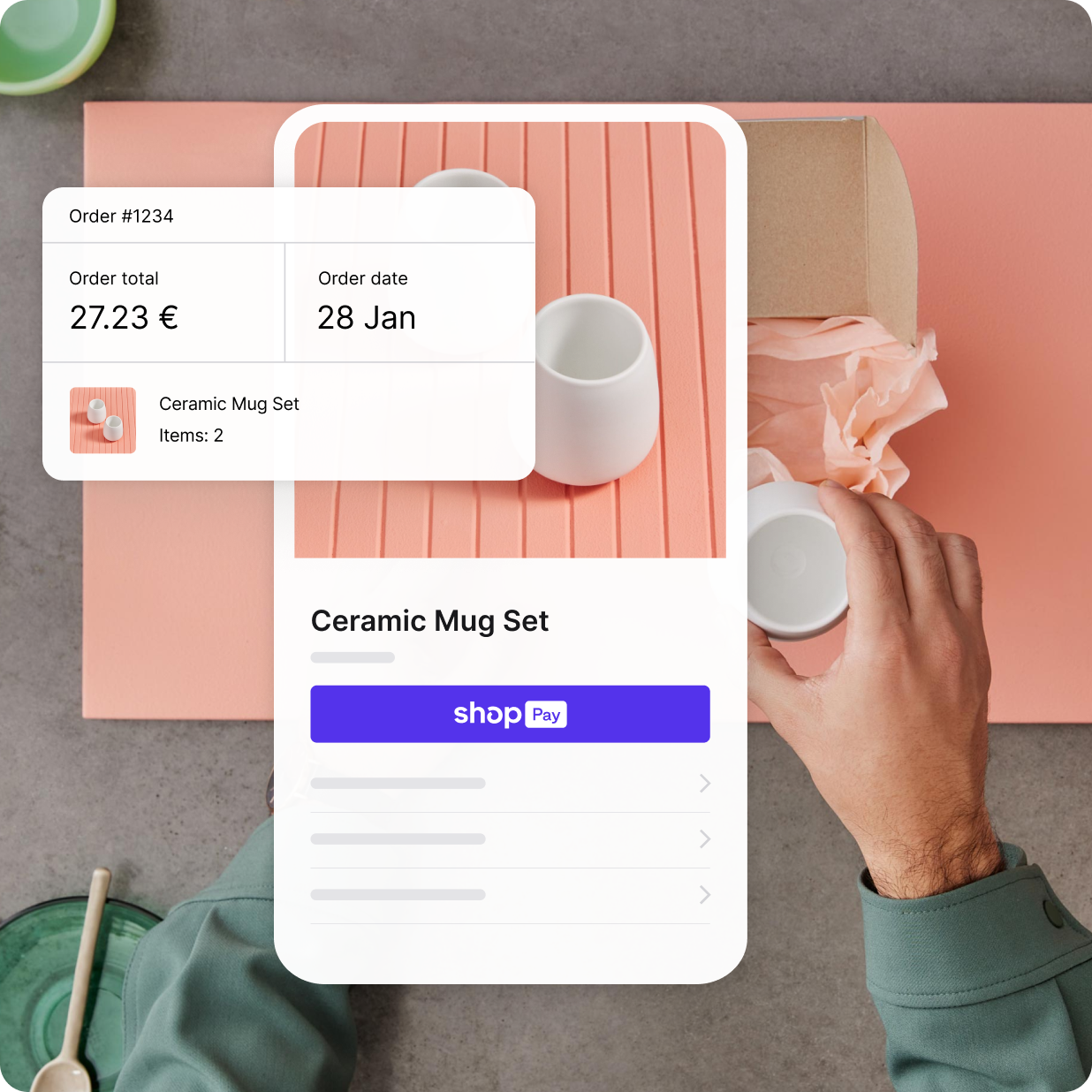 Pagina del prodotto con tazze da tè in ceramica e lo schermo di un cellulare con l’esperienza di check-out di Shop Pay