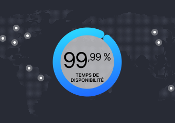 Carte du monde avec une statistique indiquant un temps de disponibilité de 99,99 %