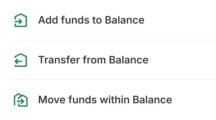 Admin buttons with options to Add funds, Transfer from Balance, and Move funds within Balance.