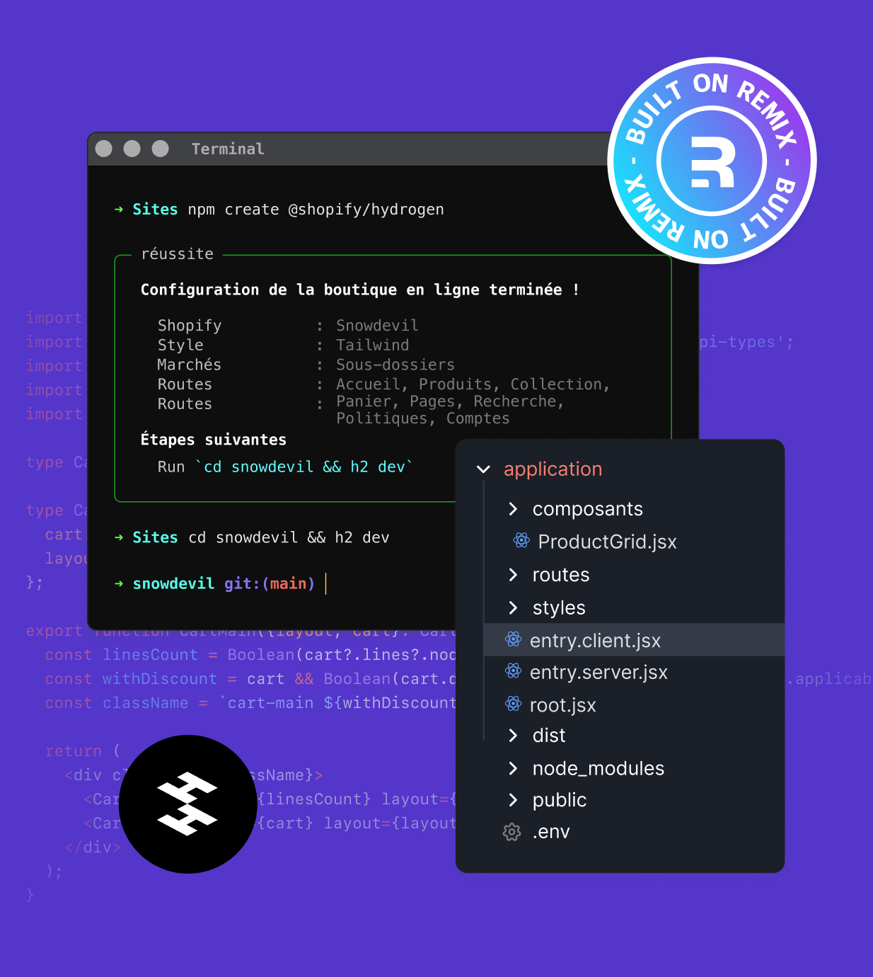 2 pages : un échantillon de code Hydrogen et une interface de commande exécutant Hydrogen