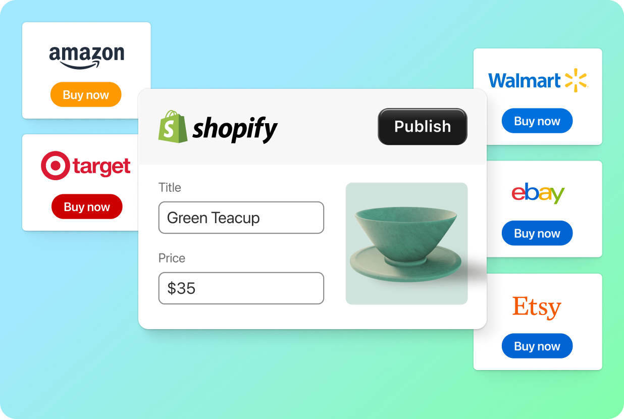 The image shows a diagram illustrating the ability to connect a Shopify store with multiple online marketplaces like Amazon, Target Plus, Walmart, eBay, and Etsy.