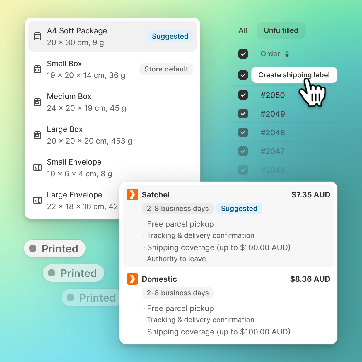 Collage of Shopify shipping page with a list of box sizes, carrier options and an arrow pointing to create shipping label