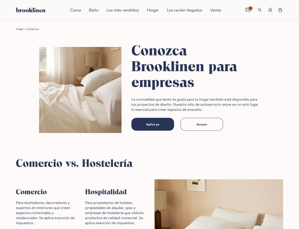 Imagen del sitio web B2B de la marca de ropa de cama Brooklinen