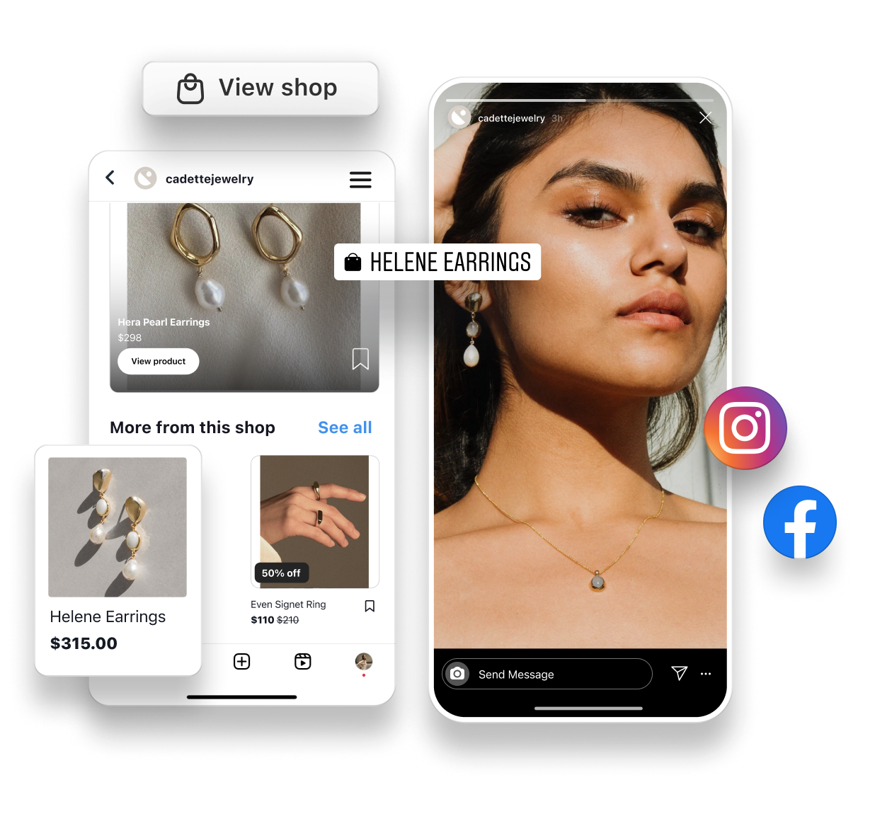 Instagram hikayesinde inci küpe ve kolye takan genç bir kadın ve küpelerin ürün etiketi yer paylaşımlı olarak yerleştirilmiş. Cadette Jewelry adlı satıcıya ait Instagram Mağazası akışında satışa sunulan takı ürünlerini gösteren arayüzün üstünde bir 'Mağazayı görüntüle' düğmesi yer alıyor. 