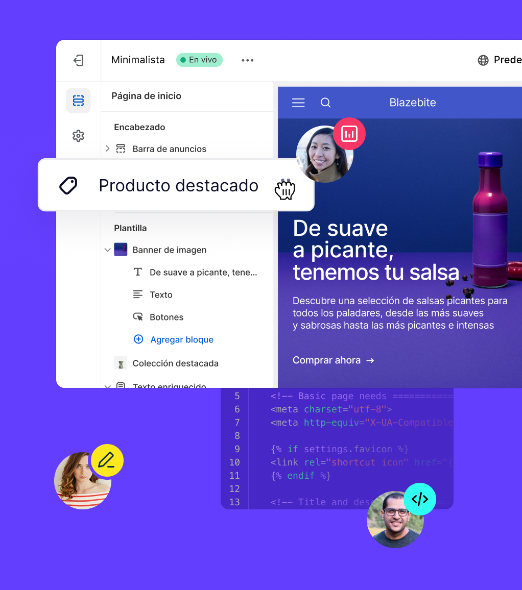 Varios colaboradores usando Liquid y el editor de tiendas online de Shopify para crear una tienda juntos