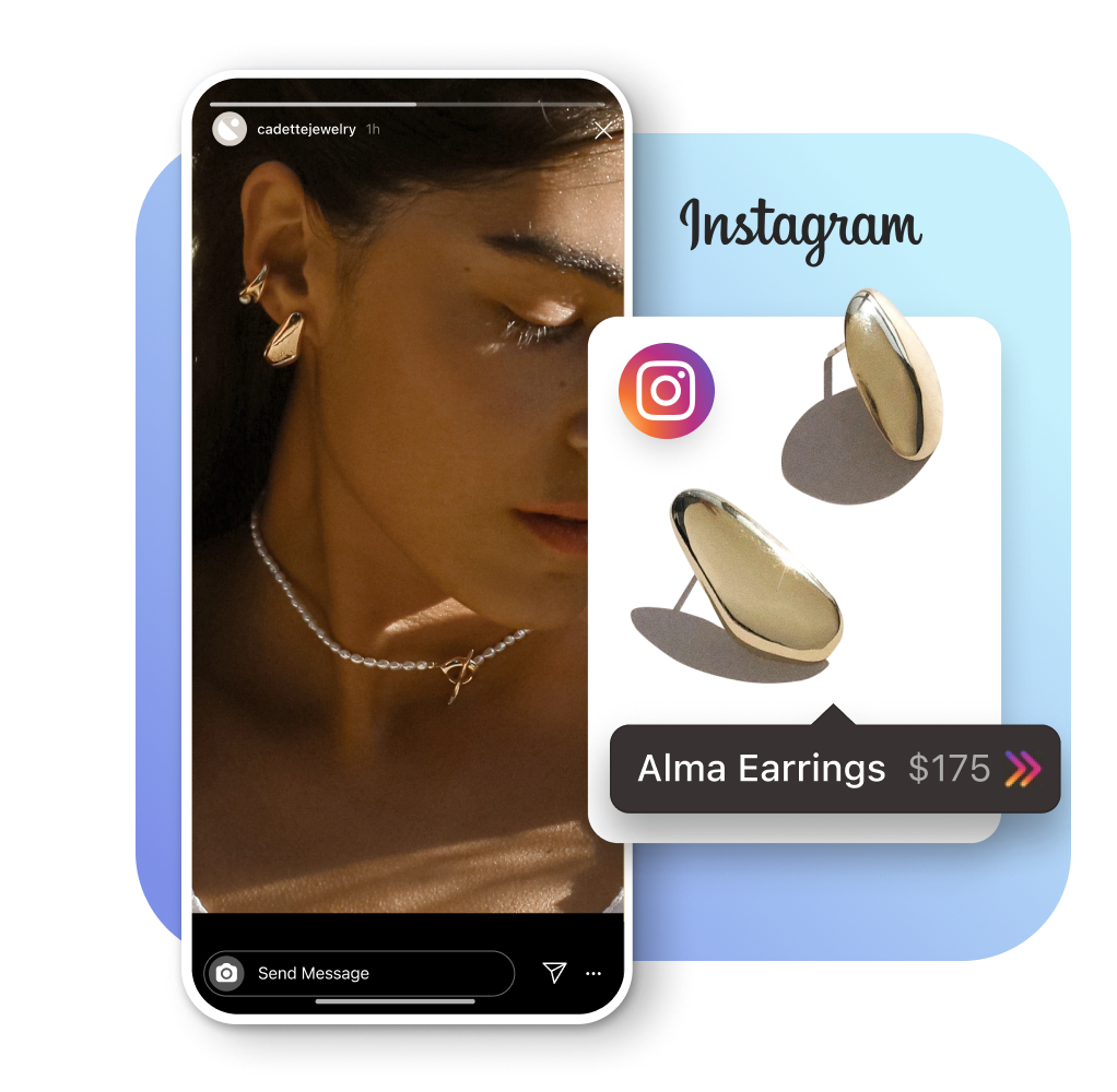 A young female wearing gold earrings and a pearl necklace in an Instagram story. A product card featuring Cadette Jewelry’s Alma earrings with product label overlayed on top. 