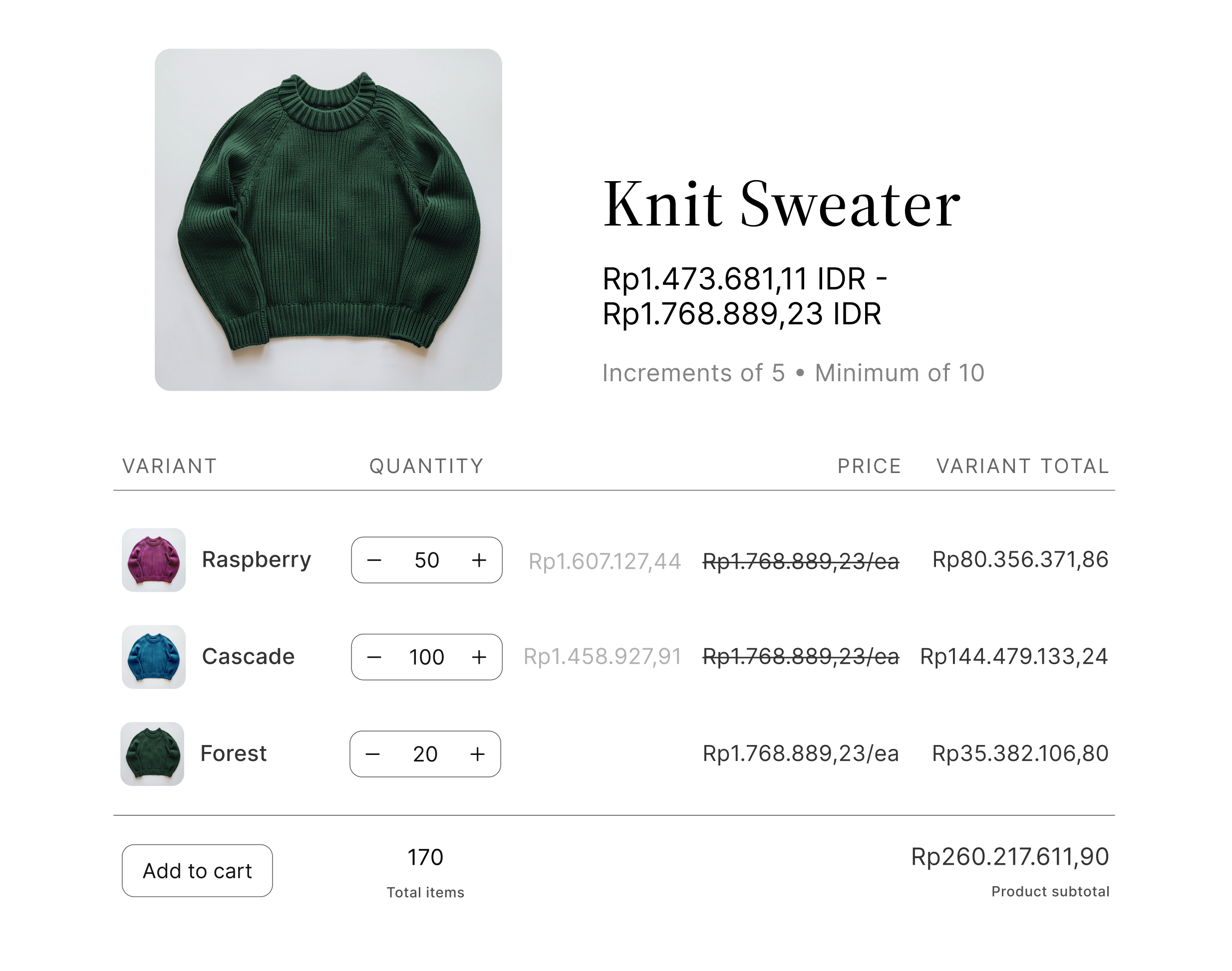 Animation showing B2B discounts, where cost per item automatically goes down as number of items purchased goes up