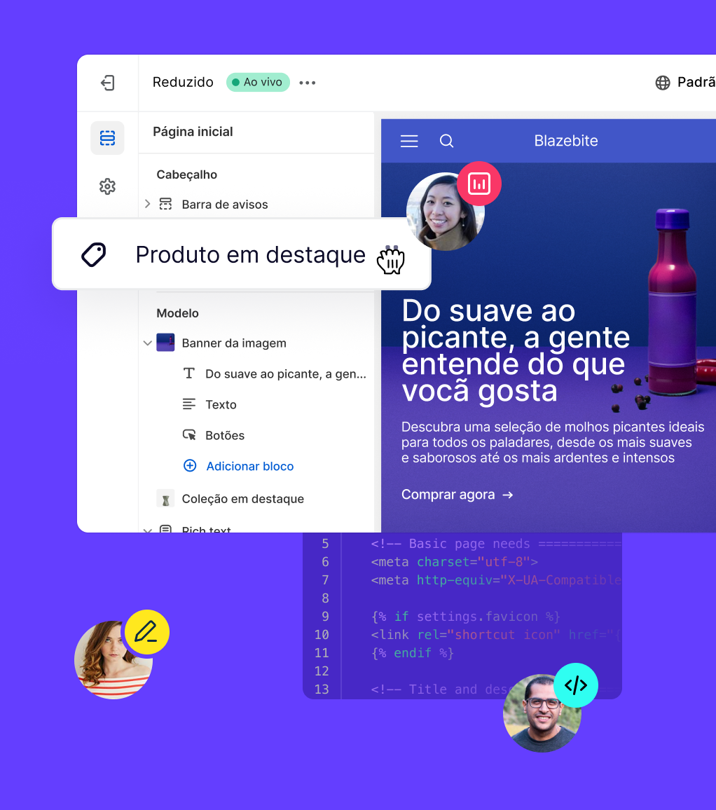 Vários colaboradores usando o Liquid e o editor de lojas virtuais da Shopify para criar uma loja juntos