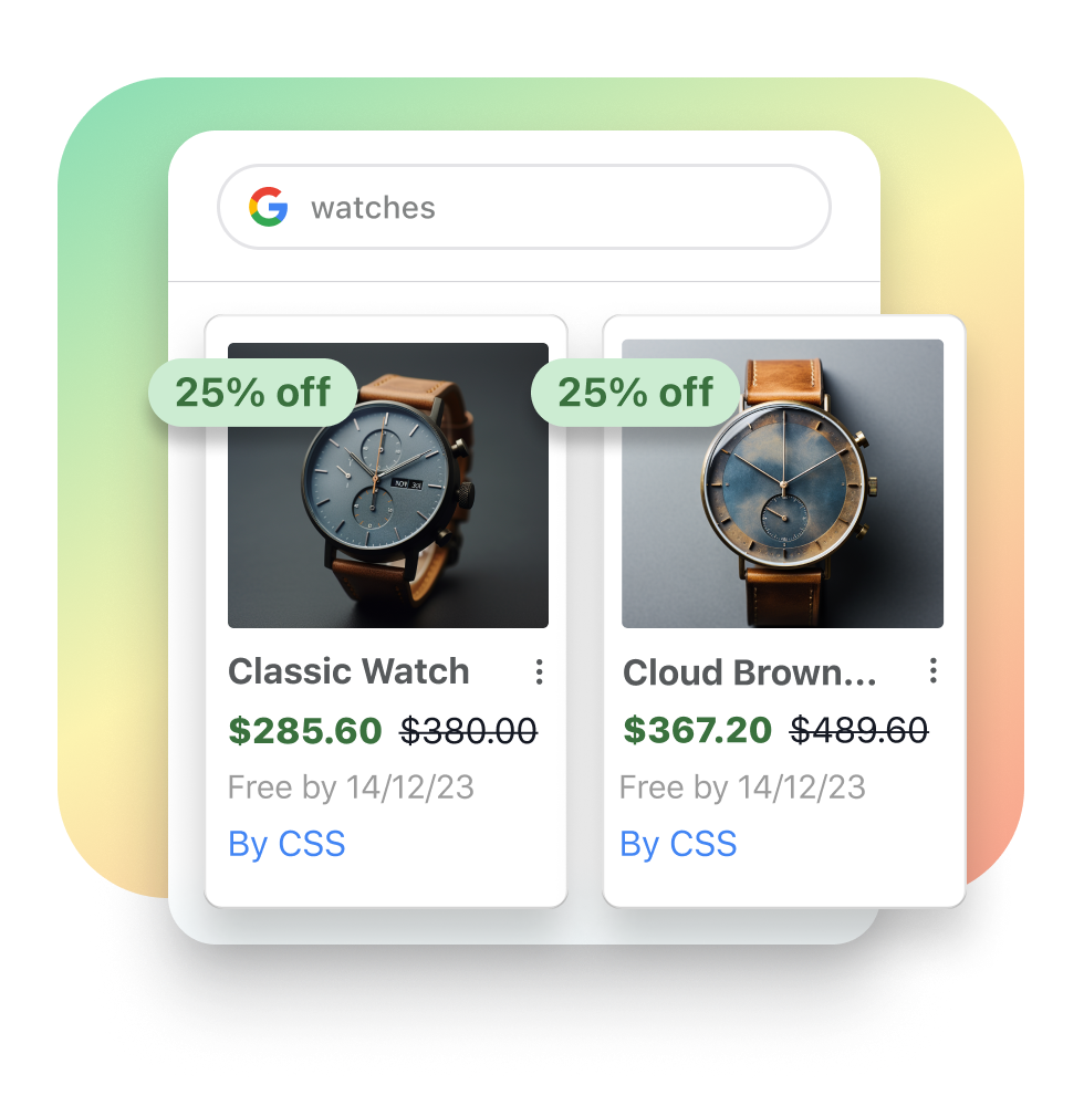 A window of google search results for watches, under the shopping filter. Product tiles that features two watches on sale are overlayed on the search results window.