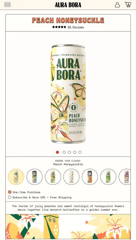 Image of Aura Bora mobile website selling canned drinks