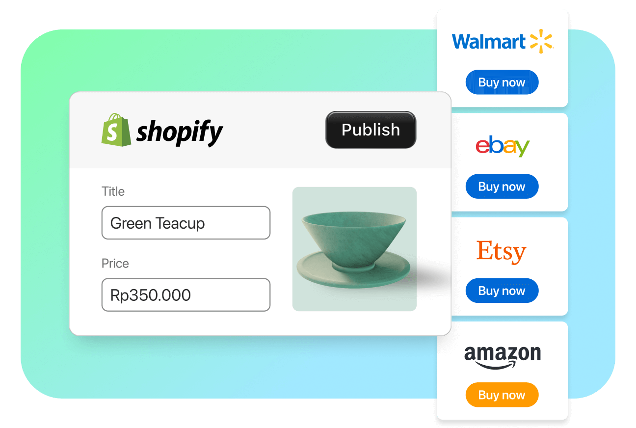 The image shows a diagram illustrating the ability to connect a Shopify store with multiple online marketplaces like Amazon, Walmart, eBay, and Etsy.