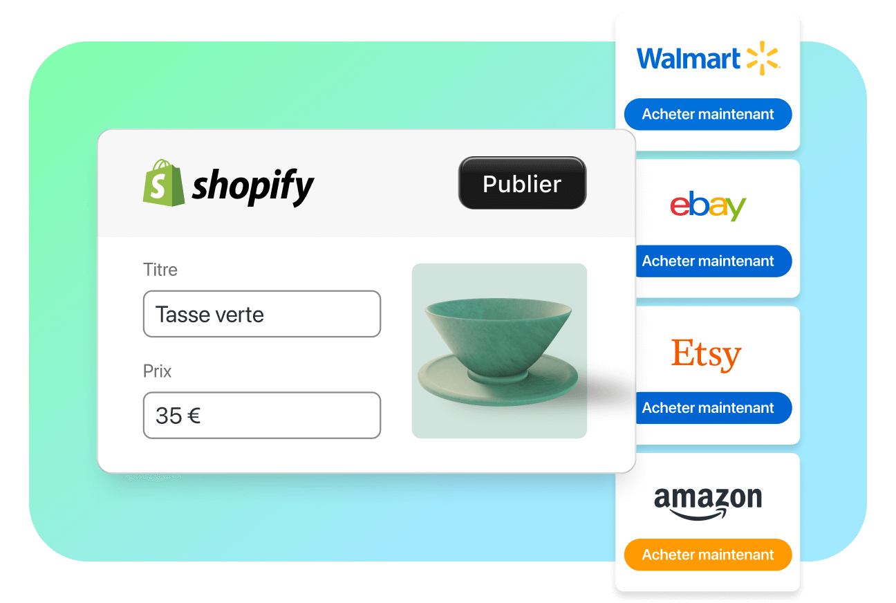 Image d’un graphique illustrant la capacité à connecter une boutique Shopify avec plusieurs places de marché en ligne comme Amazon, Walmart, eBay et Etsy.