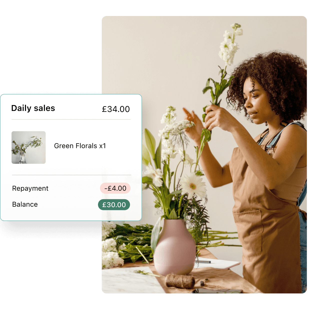 Business owner arranging flowers plus a view of a daily sales report.