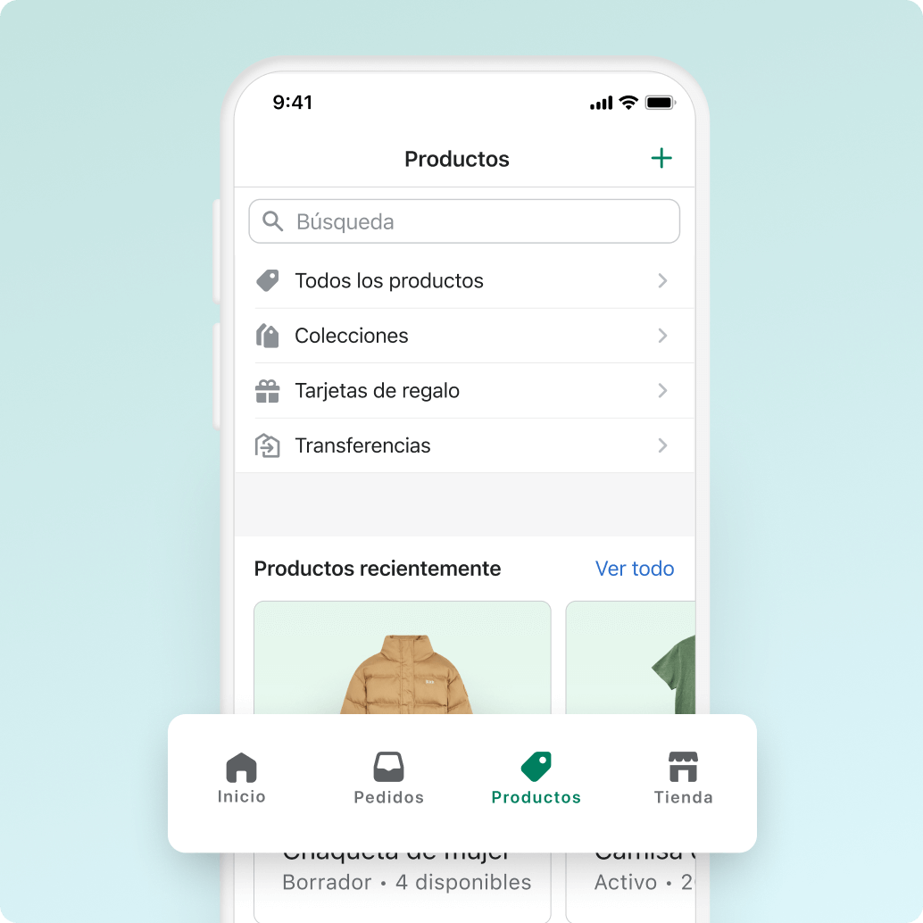Un celular con la aplicación de Shopify en la pantalla, que muestra el inventario de productos de una tienda online.