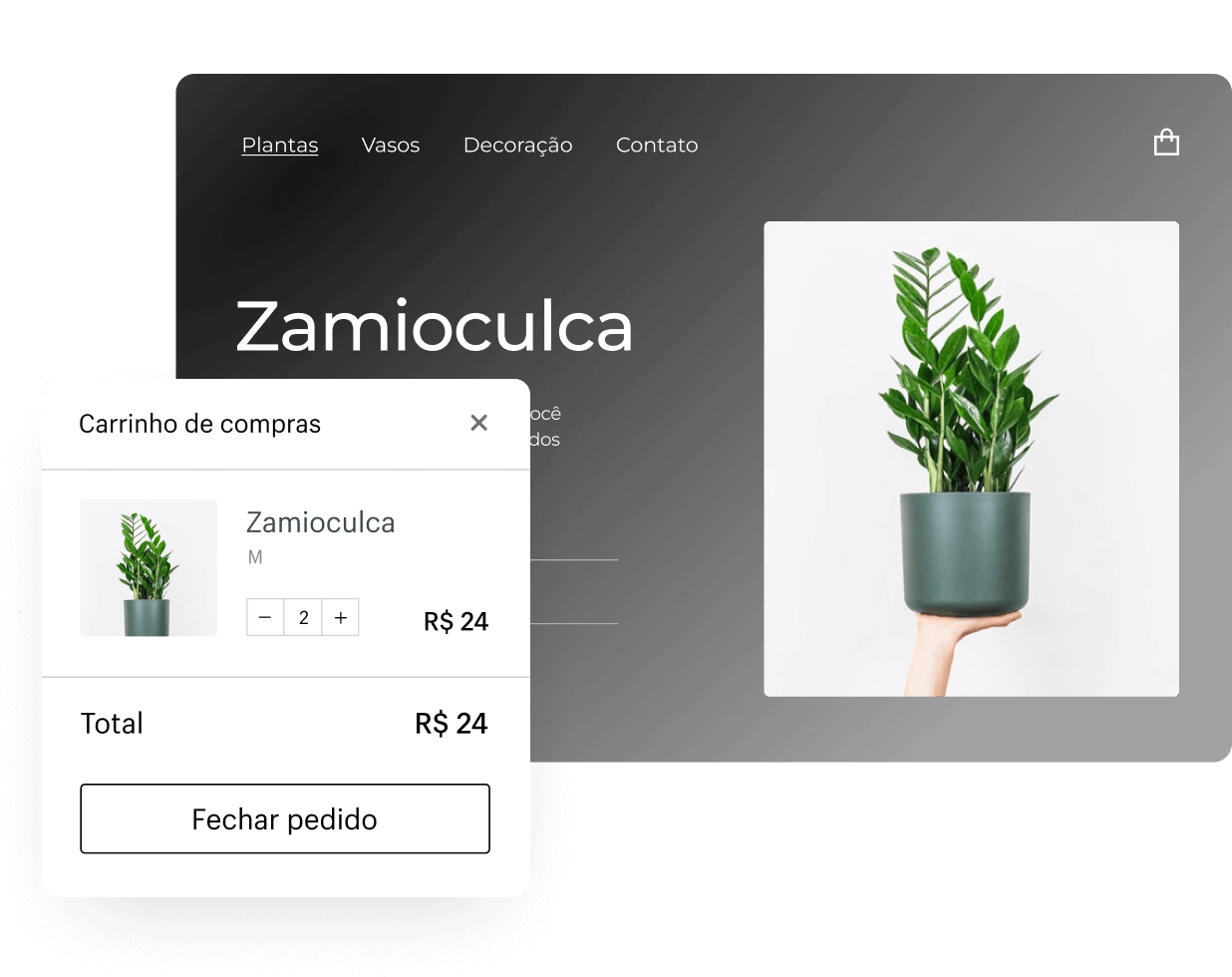 Uma planta em uma loja virtual da Shopify e em um carrinho de compras online.