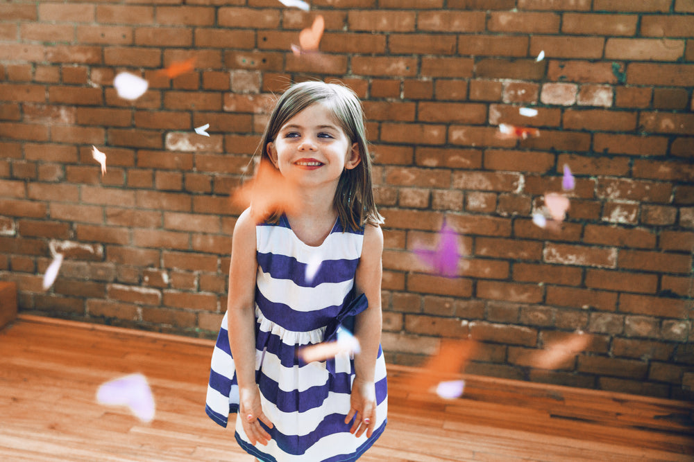 blue & white striped dress on girl