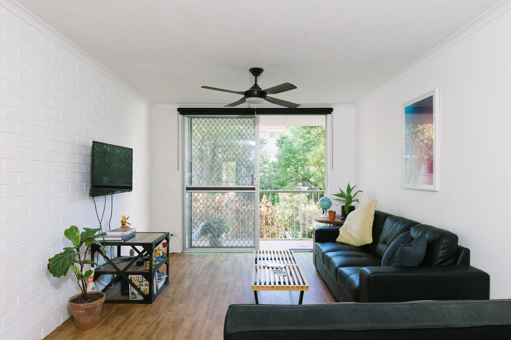 family room with large screen doors