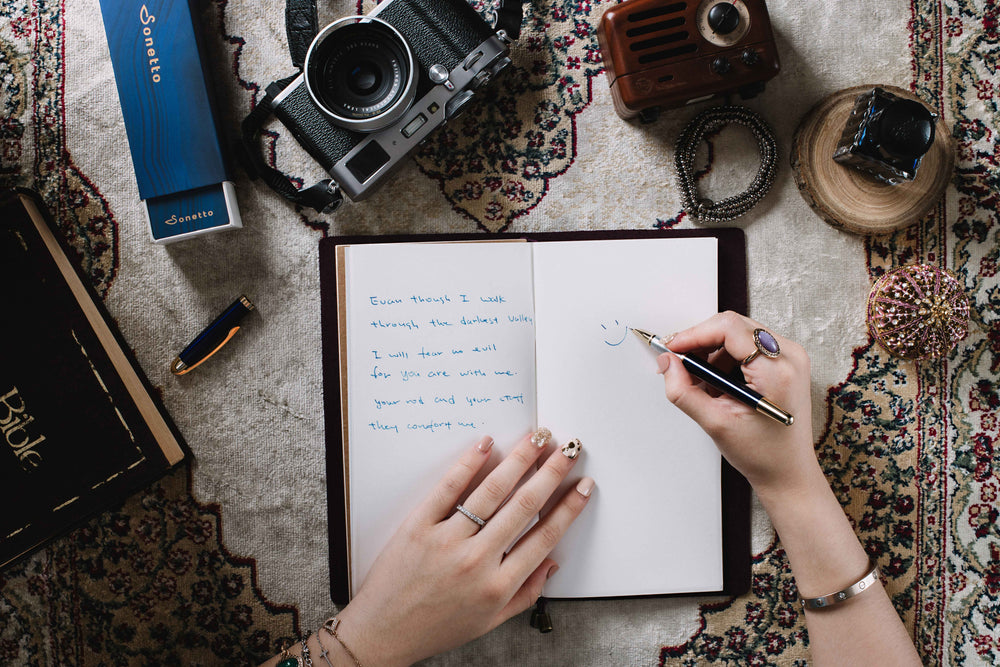 flatlay of writing in a notebook