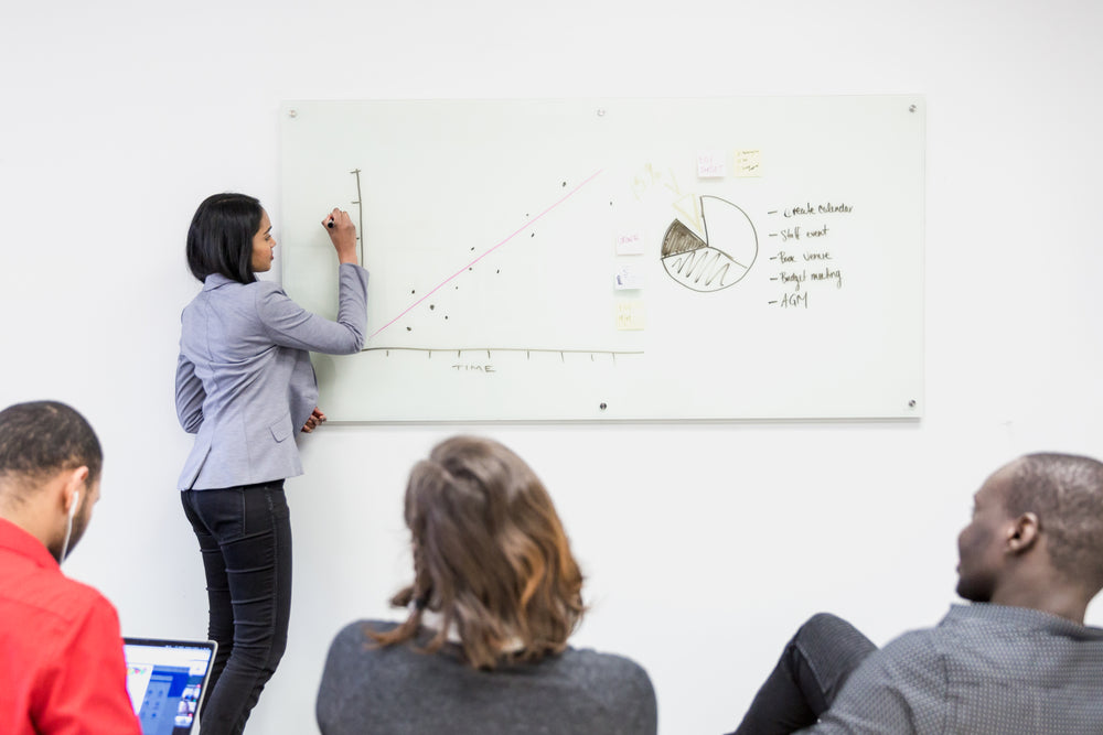 woman presents on whiteboard