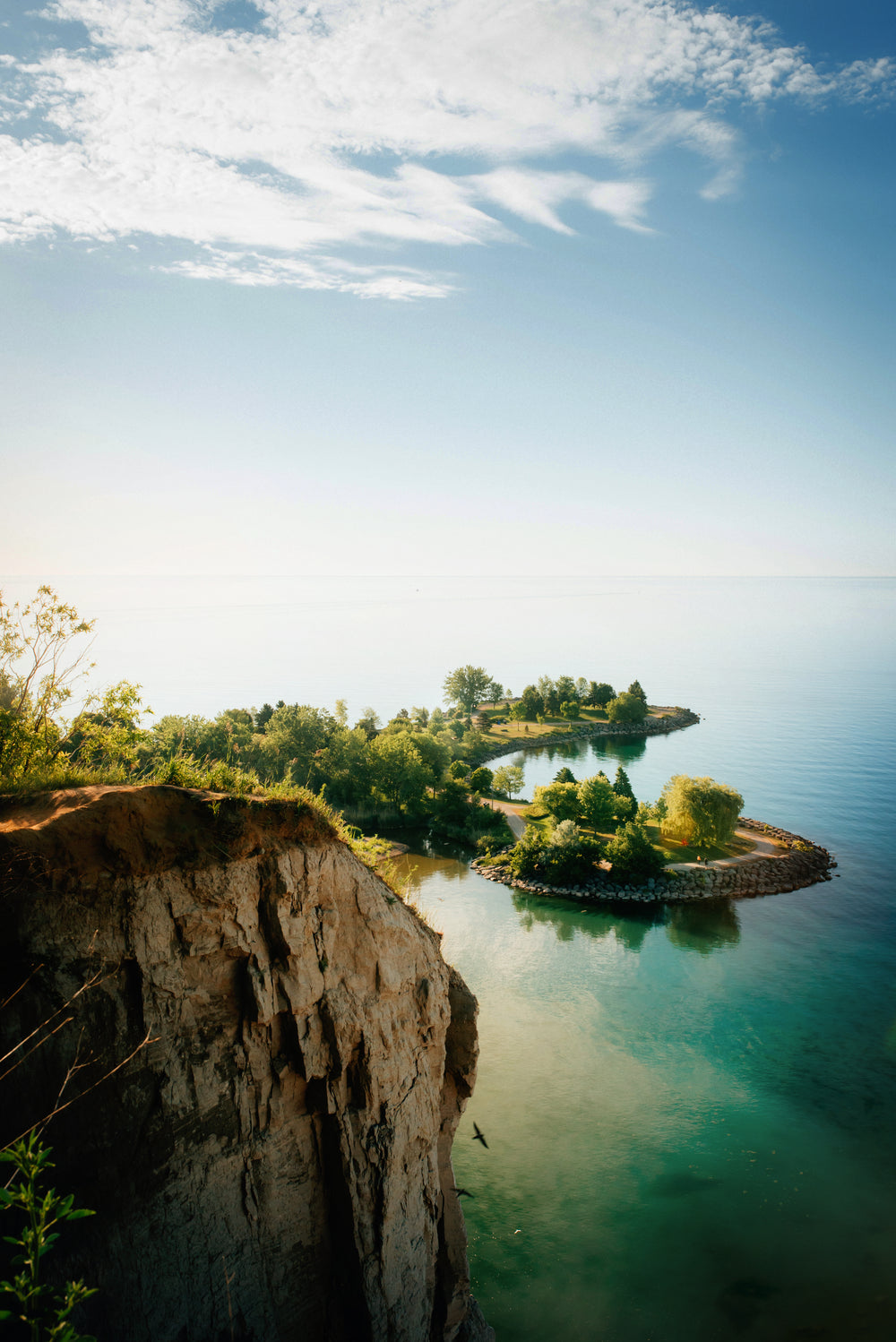 lakeside cliffs and blue sky