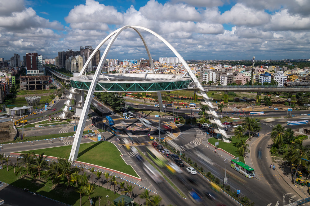 long exposure of roundabout with structure above it