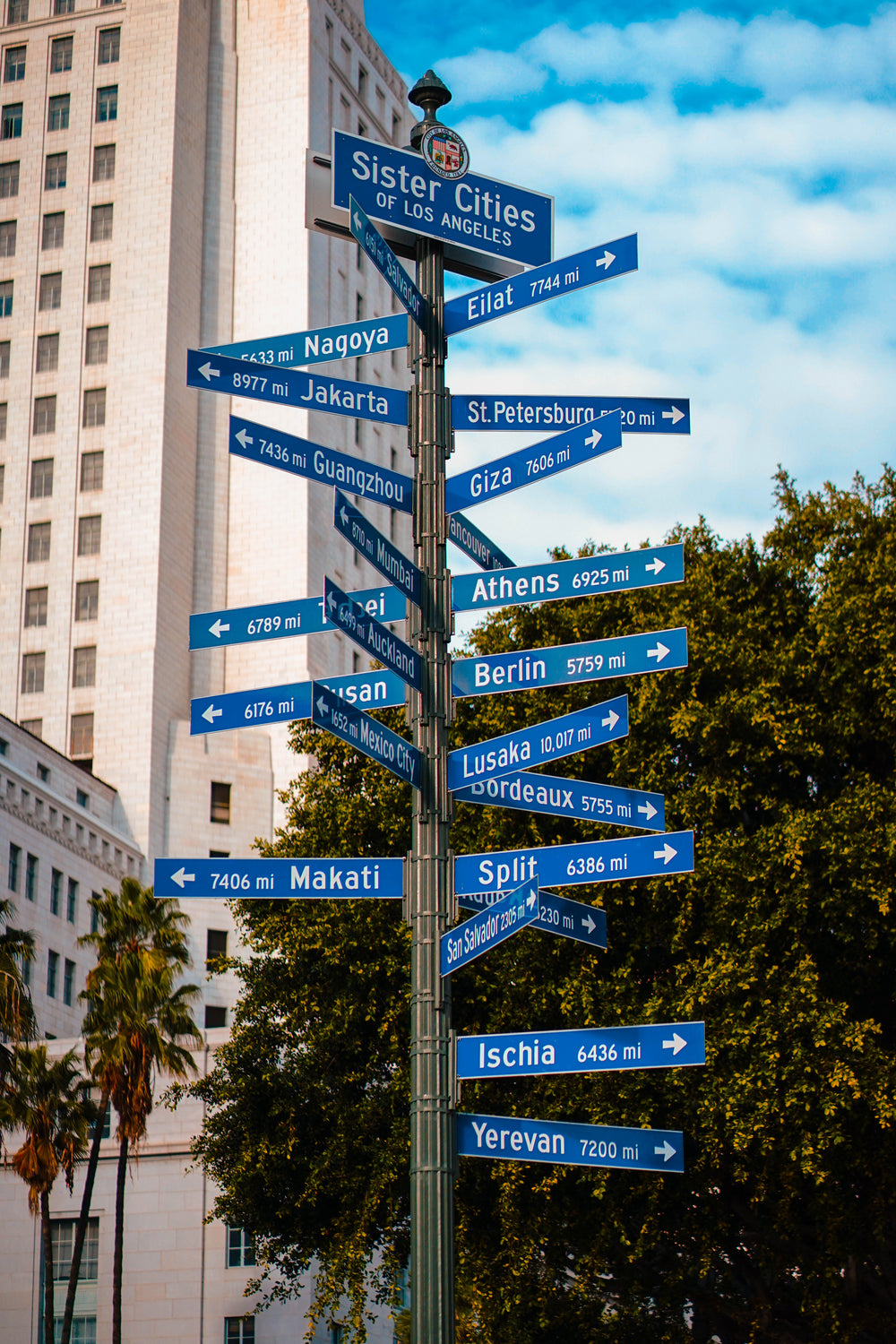 metal pole with blue signs pointing in all directions