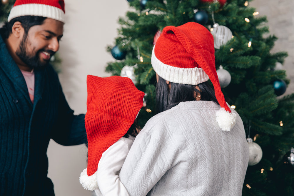 mom and dad show young child the christmas tree