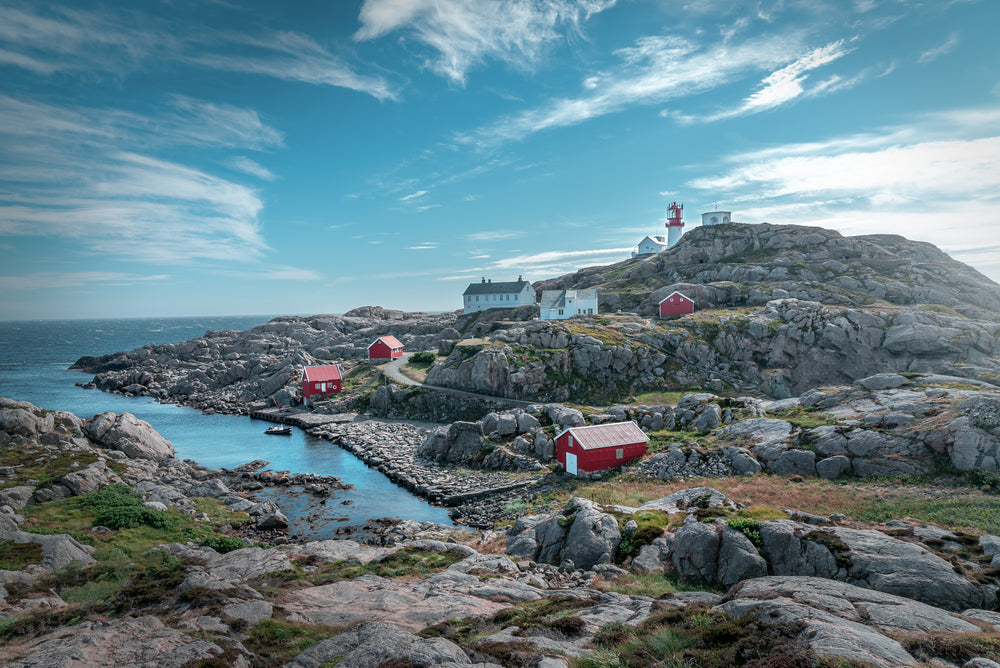 red and white fishing village